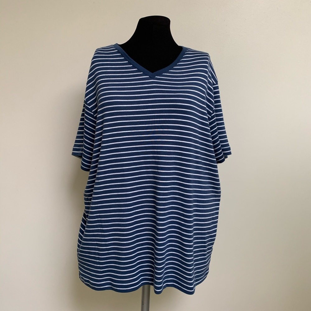 Karen Scott Short Sleeve V Neck Shirt Top-Slate Blue White Stripe-Poly Blend-XL